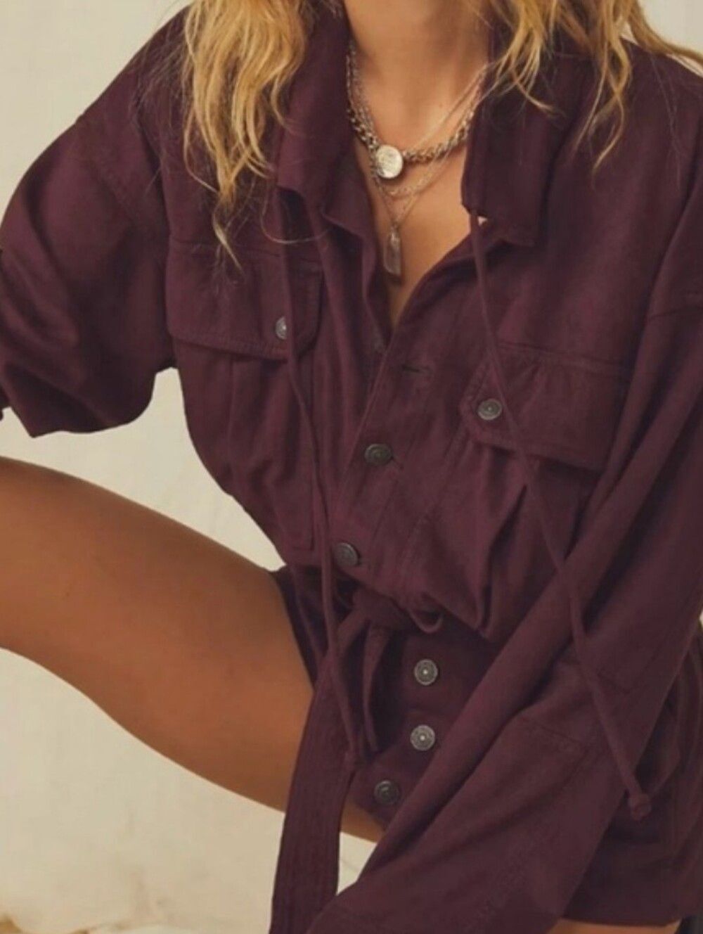 We The Free Larson Burgundy Faux Suede Long Sleeve Romper Sz M